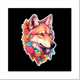 Colorful Wolf with Flowers Posters and Art